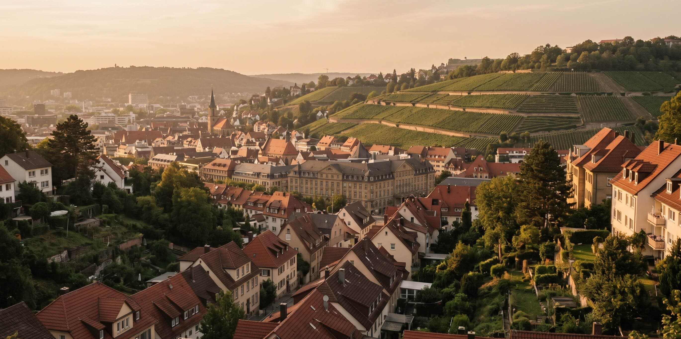Stuttgart bei goldener Stunde, Blick ins Kessel-Tal mit Weinbergen