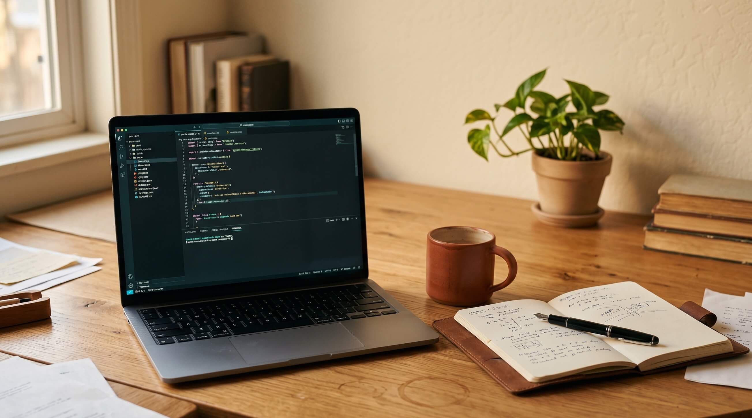 Ruhiger Workspace mit Laptop, Notizbuch und Kaffeetasse